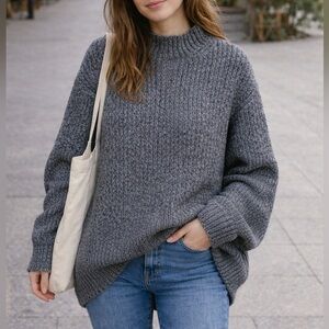 St John’s Bay 100% Cotton Oversized Mockneck Marled Blue Grandpa Sweater